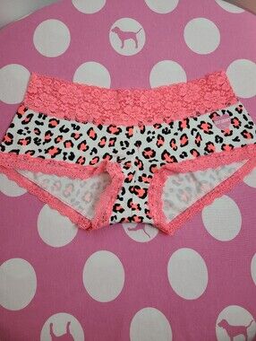 VTG VS PINK Lace Trim Cotton Low Rise Boyshort Panty Size Sm Neon Leopard